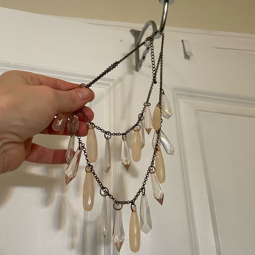 Rose Necklace brass Tone Boho Charms Pink beige, and opaque statement necklace.